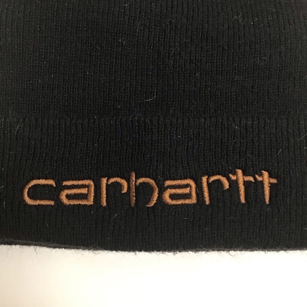 Carhartt Beanie Black Brown Embroidered Patch Logo Knit Cuffed Hat 3M Thinsulate - Picture 3 of 5
